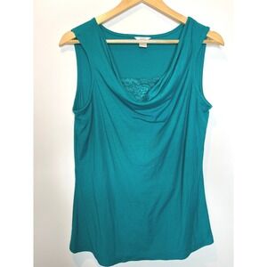 Y2K Lace Draped Cowl Neck Sleeveless Shirt Teal Blue Christopher and Banks